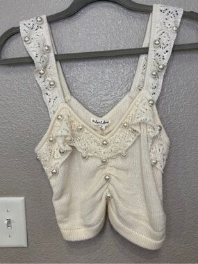 For Love & Lemons Pearl Embellished Knit Sweater Cami Tank Top Cream Size M